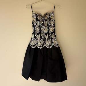 Vintage 80s Gunne Sax Black Floral Sequin Embroidered Strapless Mini Dress